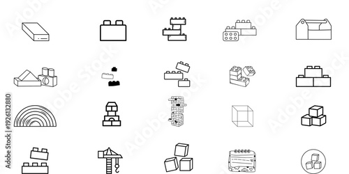 Toy Building Blocks and Educational Bricks Icon Set for Preschool Play and Learning