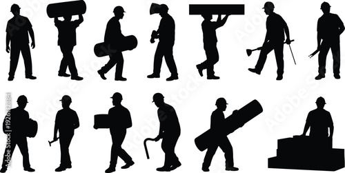 Construction worker silhouettes, hard hat poses, toolbox and hammer illustration, crowbar and wrench art, building site labor concept, industrial workforce design