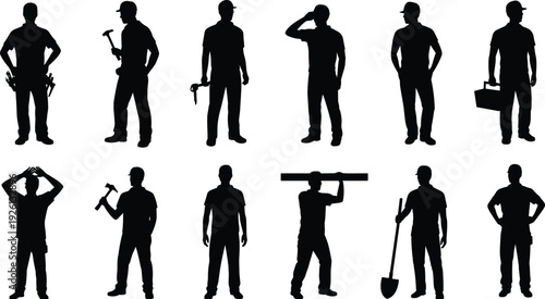 Construction worker silhouettes, hard hat poses, toolbox illustration, hammer and shovel art, building site labor concept, industrial workforce design