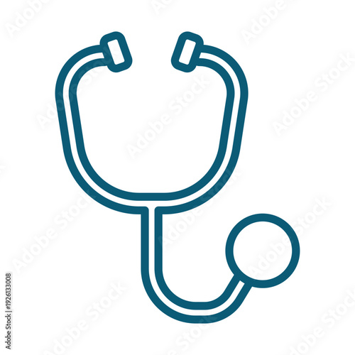 A dark blue line drawing of a stethoscope on a white background