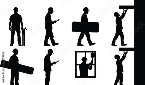 Construction worker silhouettes, industrial labor illustration, surveying and blueprint art, beam installation design, workforce diversity concept, building site representation