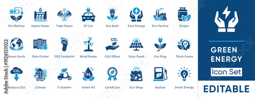 Green energy icon set. Collection of renewable energy, ecology, environment and sustainable electricity icons. Solid vector illustration.