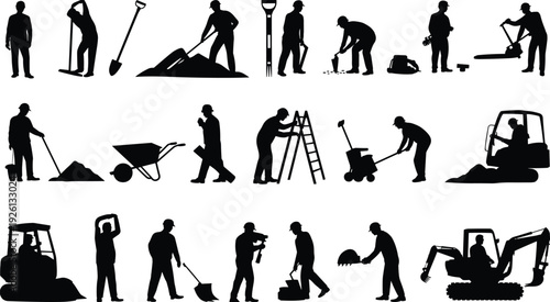 Construction worker silhouettes, heavy equipment illustration, jackhammer and shovel art, wheelbarrow and ladder design, building site labor concept, industrial workforce representation