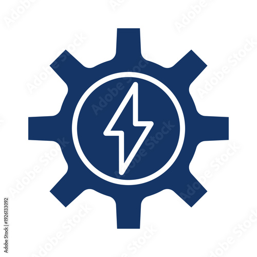 A dark blue gear with a white lightning bolt inside a white circle