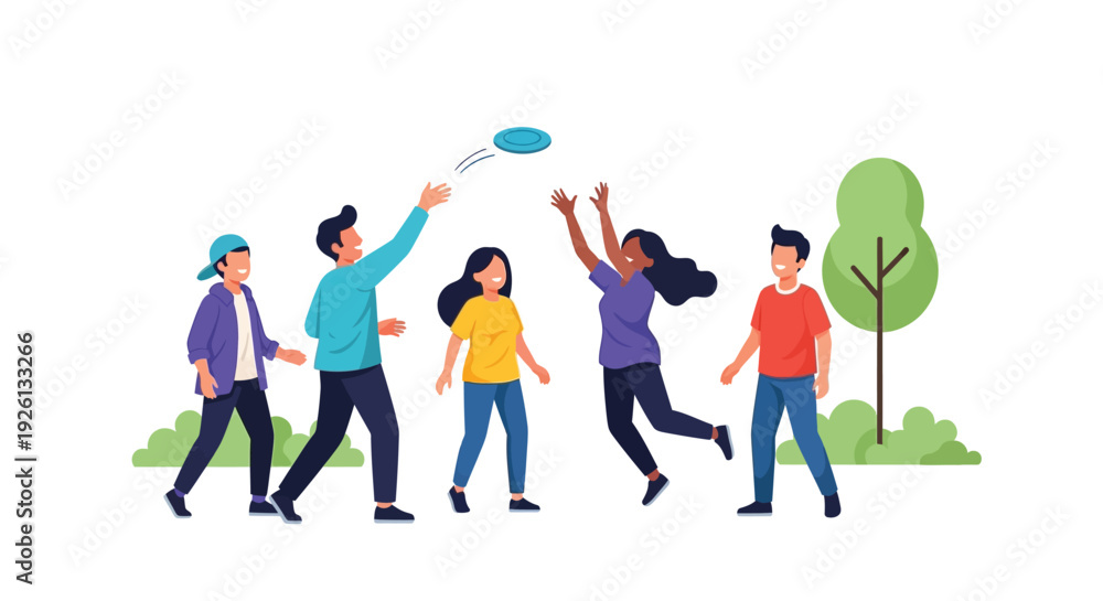 Obraz premium Diverse group of young friends playing frisbee together in a park on a sunny day, enjoying outdoor leisure activity.