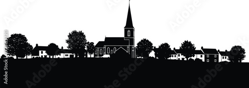 A black silhouette of a small town with a church