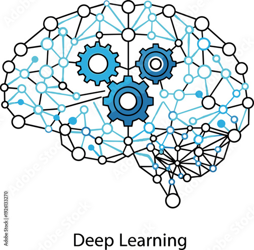 Deep Learning Concept Illustration with Neural Network Brain and Gears Representing Artificial Intelligence, Machine Learning Algorithms, and Advanced Data Processing