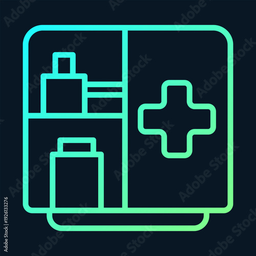 A minimalist icon of a medical cabinet with supplies and a cross symbol