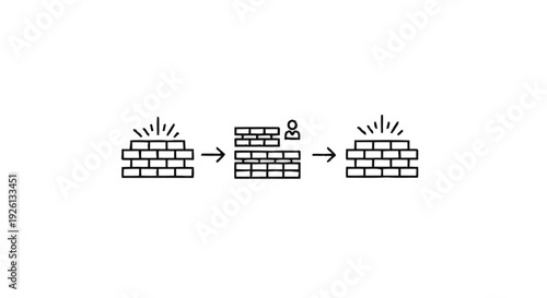 Brick wall construction process with human intervention icon.