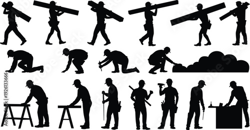 Construction worker silhouettes, manual labor illustration, sawing and hammering art, ladder and beam design, renovation project concept, workforce representation