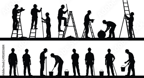 Construction worker silhouettes, manual labor illustration, ladder and shovel art, bucket and tool design, workforce diversity concept, building site representation