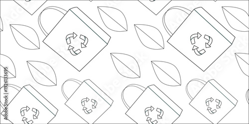 Eco bag pattern with leaf. Zero waste lifestyle concept, reusable shopping tote, environmental protection illustration in flat vector style.