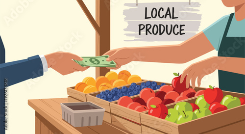 Customer pays for fresh local produce at an outdoor market stall with fruits and vegetables