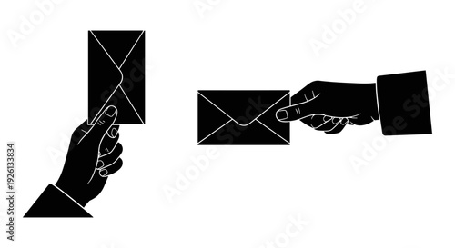 Two hands exchanging a sealed envelope in contrasting styles of communication Vector, illustration