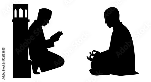 Silhouettes of two individuals engaged in quiet contemplation and reading Vector, illustration