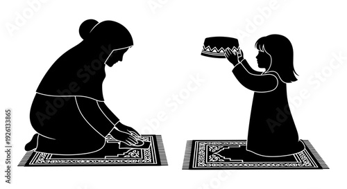 Two individuals engaged in a traditional gift-giving or teaching moment using a book. Vector, illustration
