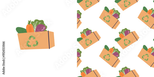 Eco shopping bag full of fresh produce. Plastic free lifestyle and environmental protection seamless pattern. Flat cartoon vector illustration for sustainable design