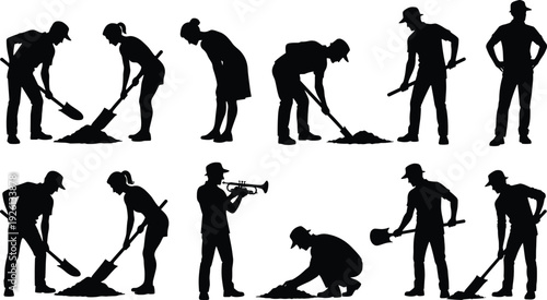 Construction worker silhouettes, manual labor illustration, shoveling and digging art, planting and inspection design, trumpet player concept, workforce diversity representation