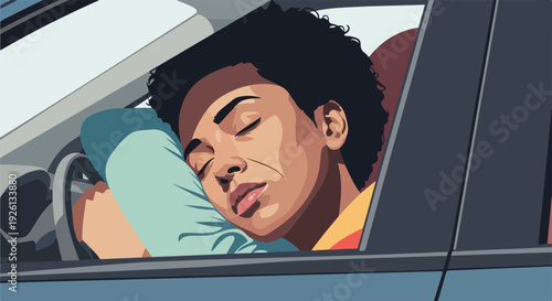 Young person sleeping in car during a long journey, feeling tired and exhausted.