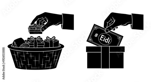 Robot hand selecting items from two distinct boxes with different contents Vector, illustration