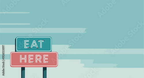 Retro "Eat Here" neon sign with glowing letters against a stylized sky background, inviting diners.