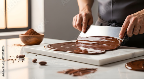 A professional artisan using a metal scraper to spread smooth dark chocolate on a stone slab for cooling