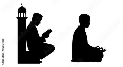 Silhouettes of individuals engaged in quiet reflection and prayer near a mosque lantern. Vector, illustration