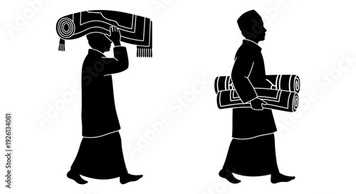 Traditional procession with ceremonial objects carried by participants in robes. Vector, illustration