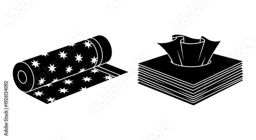 Decorative wallpaper rolls and fan-shaped wallpaper samples displayed together Vector, illustration