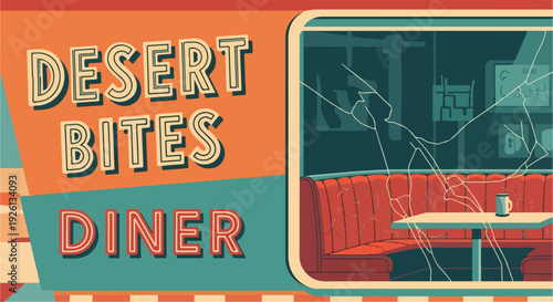 Retro Desert Diner with Vintage Signage and Booth Seating, Evoking Nostalgia and Classic American Roadside Culture