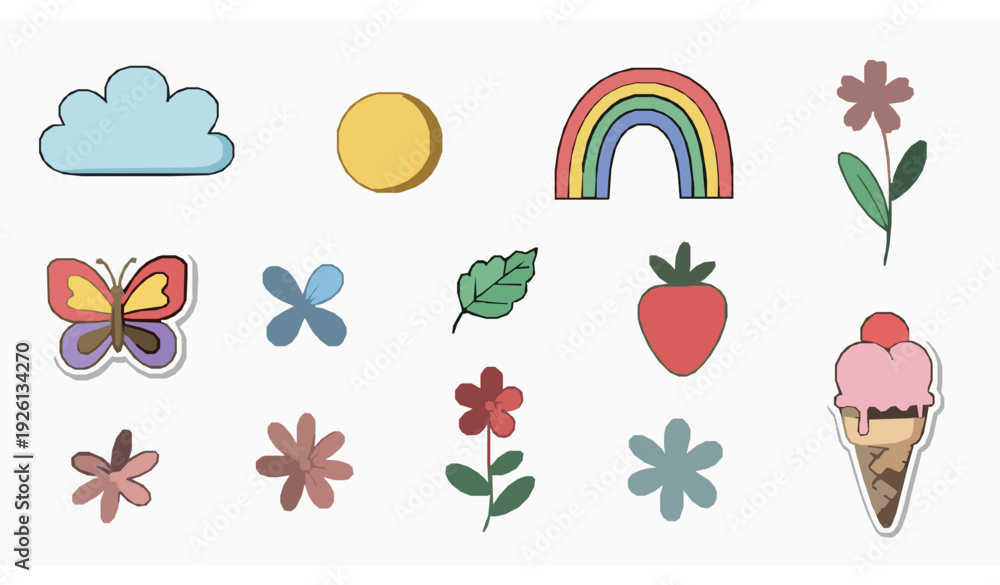 Fototapeta premium Cute spring summer sticker elements hand drawn pastel doodle vector set