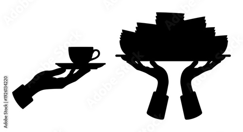 Elegant contrast between a single hand holding a cup and two hands serving a layered dessert Vector, illustration