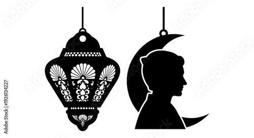 Elegant lantern and silhouette of a person wearing a traditional hat under moonlight. Vector, illustration