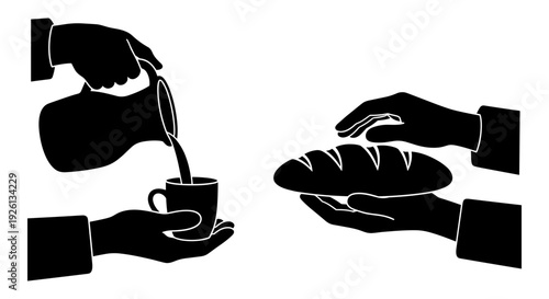 Hands pouring liquid into cup and holding a loaf of bread Vector, illustration