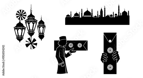Vintage street lamps and silhouettes of cityscape and architectural landmarks Vector, illustration