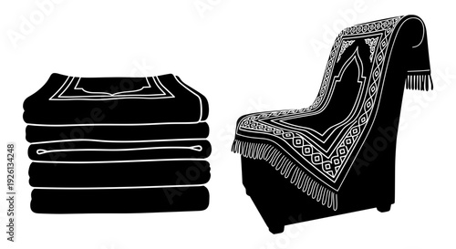 Elegant black and patterned fabric stack and armchair with decorative throw Vector, illustration
