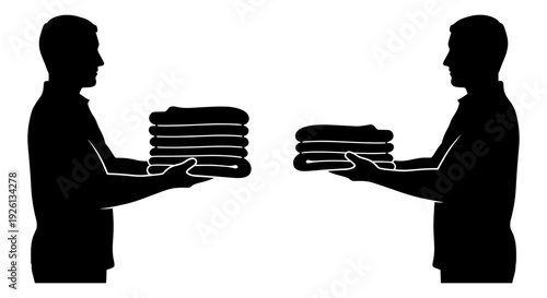 Two individuals exchanging folded towels or linens in a straightforward manner Vector, illustration