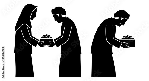Traditional gift exchange between individuals in cultural attire Vector, illustration