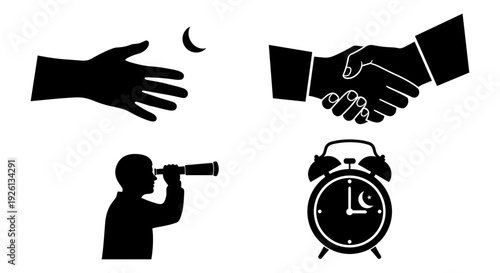 Symbolic icons representing communication, trust, surveillance, and time management Vector, illustration
