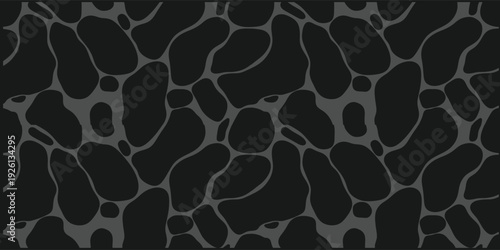 Seamless dark organic abstract pattern with irregular fluid shapes. Black charcoal camouflage style background with cell like forms. Repeating modern texture ideal for wallpaper, fabric .