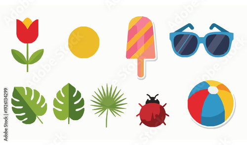 Bright spring summer sticker pack colorful flat seasonal vector illustration