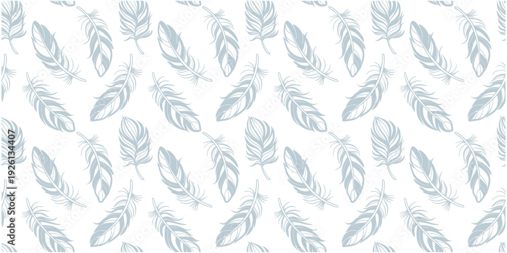 Fototapeta premium Seamless blue feather pattern on light neutral background. Soft airy plumage illustration with minimal elegant style. Repeating avian texture perfect for fabric, wallpaper, packaging and surface .