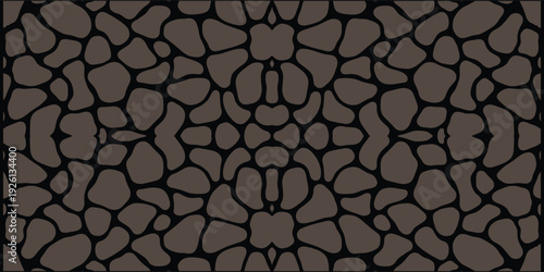 Seamless dark stone mosaic pattern with radial floral layout. Abstract pebble texture arranged in decorative geometric symmetry. Repeating rock surface background ideal for wallpaper, tiles and print 
