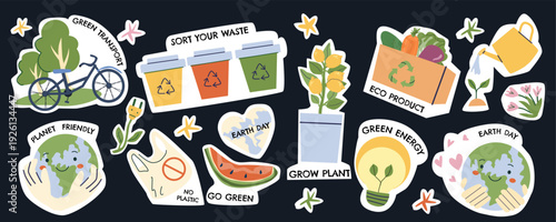 Cartoon eco sticker pack. Eco friendly elements with planet earts, lemon tree, forest and bike, plastic icon. Retro flat illustration