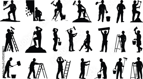Construction worker silhouettes, painting and ladder illustration, bucket and shovel art, renovation labor concept, building site design, workforce representation