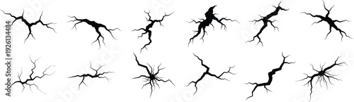 Set of black crack shapes isolated on white background. Jagged fracture lines and broken surface elements. Grunge damage effects for posters, overlays, and graphic design. 