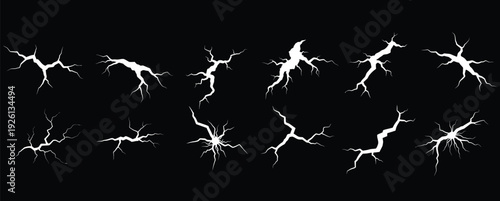 Set of white lightning bolt cracks on black background. Electric thunder strike collection with branching energy shapes. Dramatic storm effect elements for posters and graphic design. 