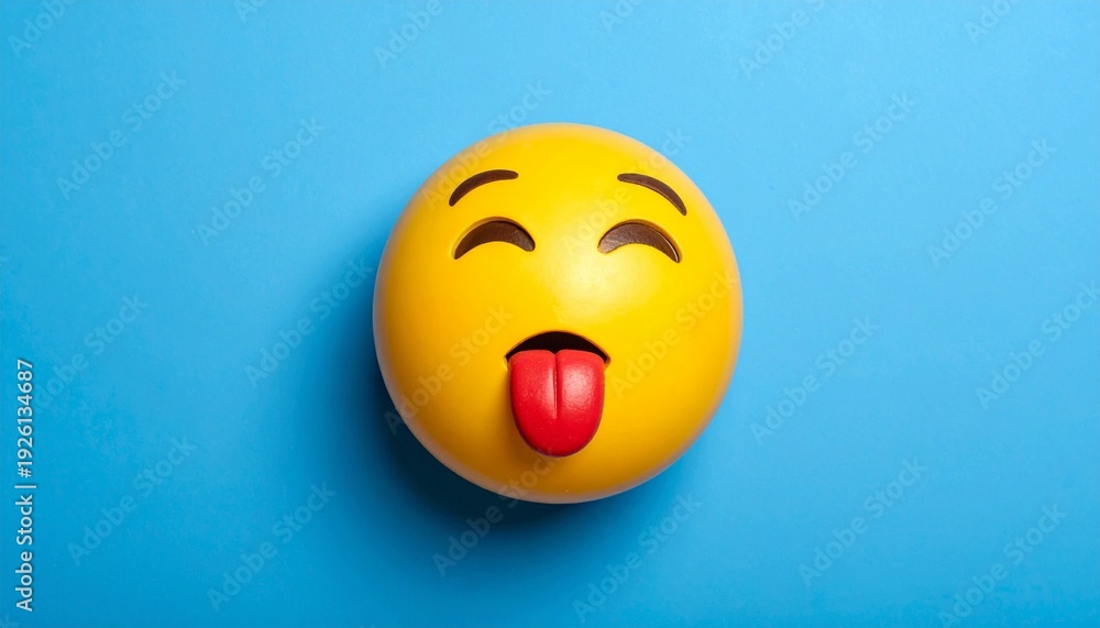 Naklejka premium Smiling emoji with tongue on blue background.