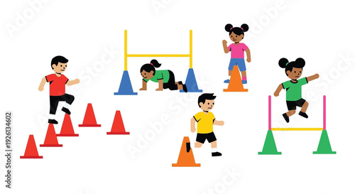 Young children engaging in various activities on an outdoor obstacle course with cones and hurdles, promoting physical activity and fun.