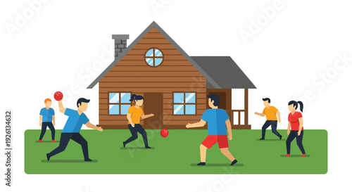 People playing a lively ball game in the front yard of a rustic wooden house on a sunny day.